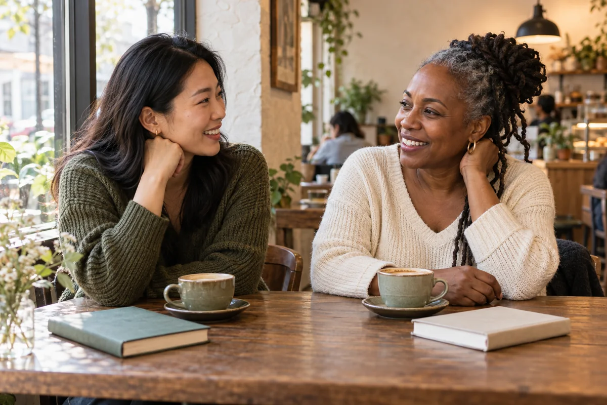 Two friends chatting over coffee